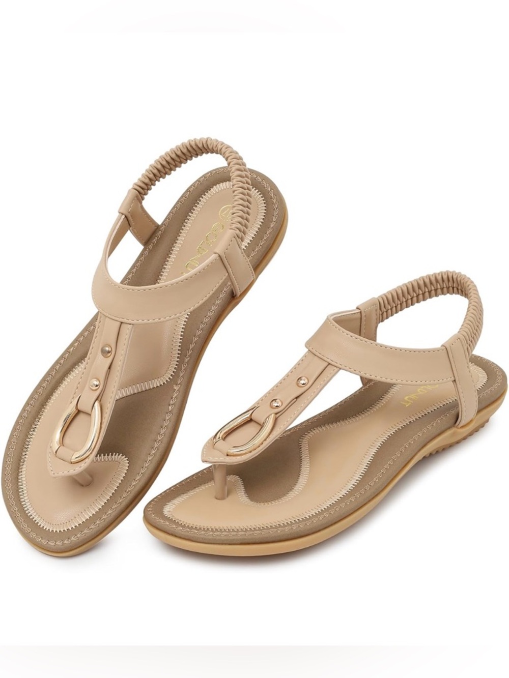 Women's Beige Elastic Back T-Strap Sandals